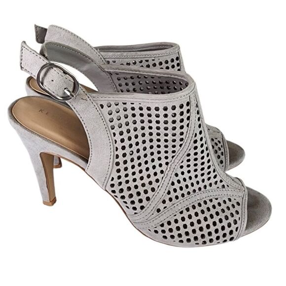 KELLY & KATIE- Berillan Grey Faux Suede Cage Open Toe Heels Sandals, Size 7 - Picture 1 of 14